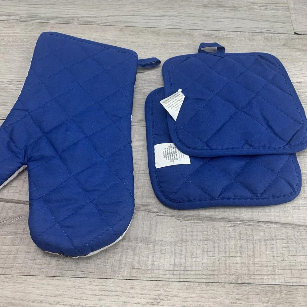 3 PIECE SET Blue Floral Flower JACOBEAN Kitchen Oven Mitt 2 Pot‎ Holders